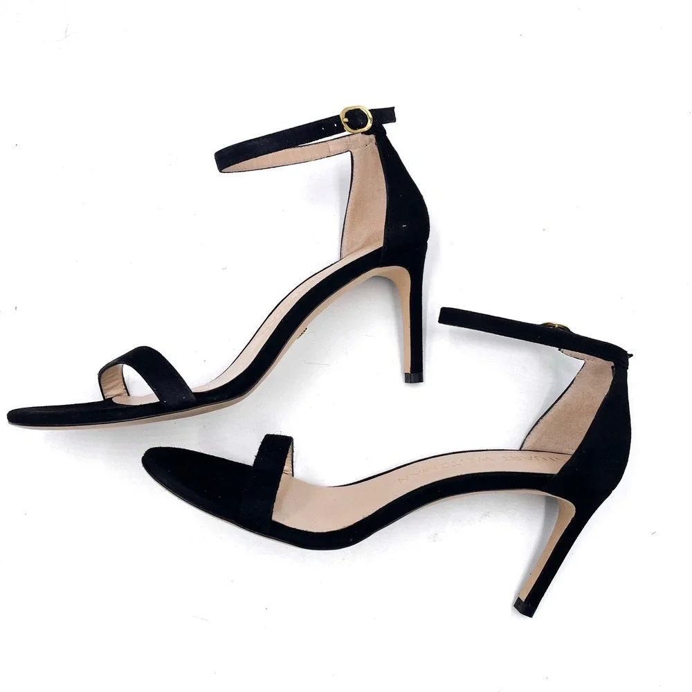 Stuart Weitzman NunakedStraight Black Suede Sandals‎ Ankle Strap High Heel Sz 9